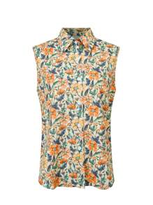 CMC Women's Floral Print Sleeveless Collared Shirt | Elegant Polyester Blouse | Vibrant Orange Green | Machine Washable | Spring/Summer Collection | Fashionable Button Design, Women's Shirt
