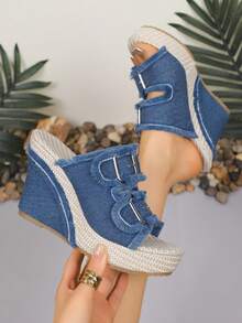 Zapatillas de cuña de talla grande de mezclilla para mujeres, zapatos de playa, talla 43 - Neblina azul - Ver 6