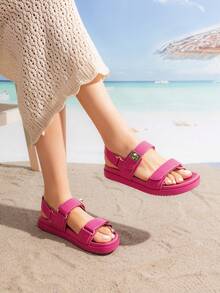 Women Flat Sandals Hook-And-Loop Fashion Summer Comfortable Outdoor Casual Sports Beach Sandals - 玫紅色 - 查看 4