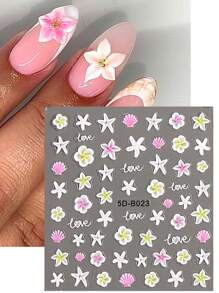 قطعة واحدة من ملصق الأظافر ذو البعد الخامس بتصميم أزهار البحر الصيفية ذات البتلات الوردية والصدف والنجوم البارزة، تزيين فني لأظافر منعم وكاواييي ذاتي اللصق، مستلزمات فن الأظافر DIY