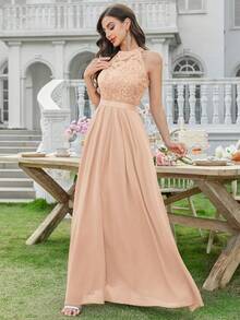 MIUSOL Backless Lace Ruffle Chiffon Formal Party Maxi Dress - Champagne - View 6