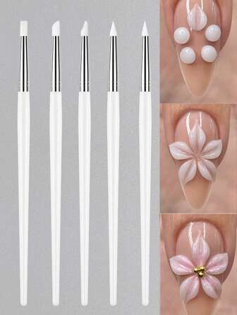 5Pcs Nail Art Brush Pen Set With Silicone Heads For Acrylic Flower Manicure Carving Embossing Shaping Hollow Sculpture Dotting Tool Kit