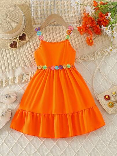 Bestseller Girls Dress 2025 New Summer Sweet Style Floral Embroidery Decor Yellow Sleeveless Slip Dress