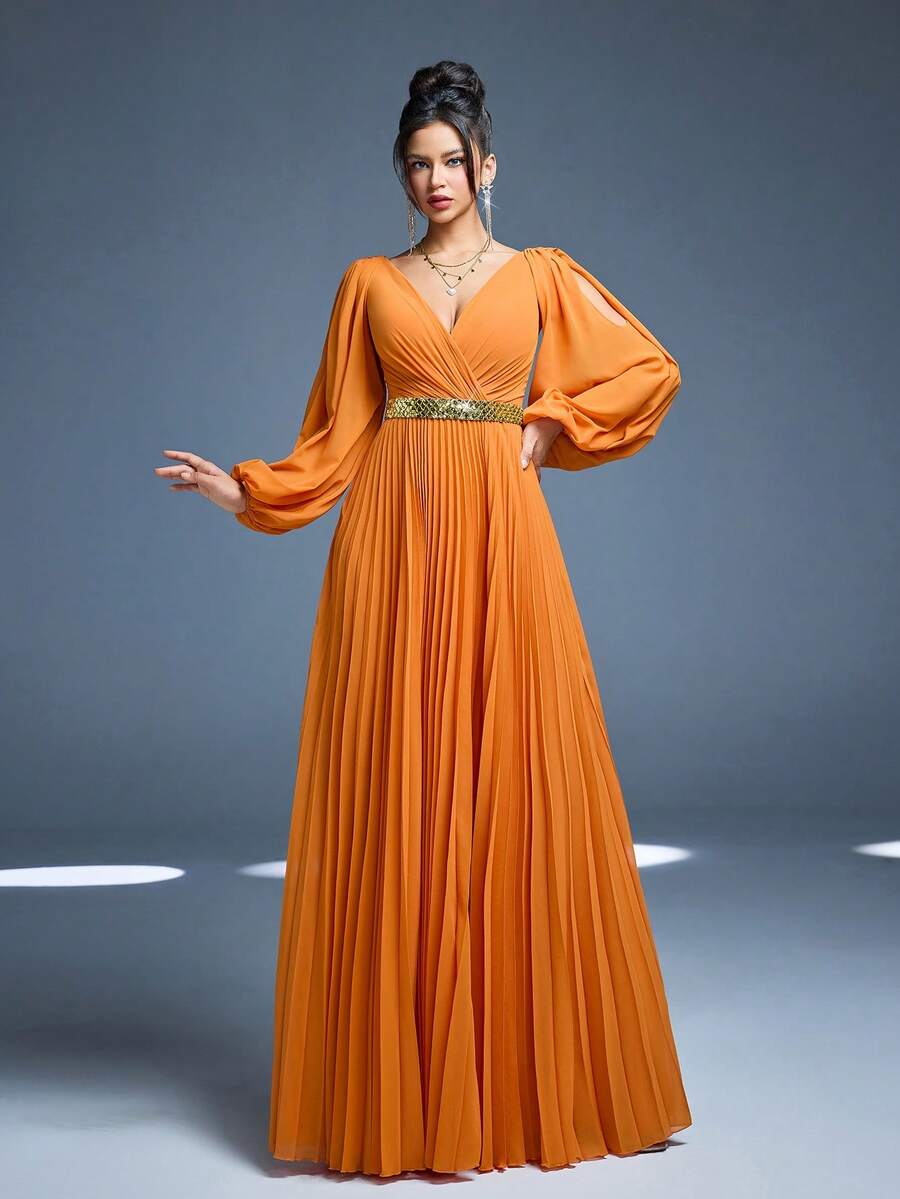 Mgiacy,New Arrival,Cross-Over Collar,Shining,Bridesmaid Dress,Solar Pleat,Hollow Out Lantern Sleeve,Chiffon,A-Line Dress - Burnt Orange - View 1