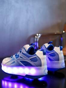 GUANGLAN USB Rechargeable LED Light Up Shoes, 7-Color Changing Luminous Sneakers, Mesh Surface, Suitable For Spring/Summer/Autumn, Roller Skating Shoes For Kids, Teens, Boys, Girls, Students, Athletic Shoes, Chunky Chunky Sneakers With Wheels - Blue - View 6