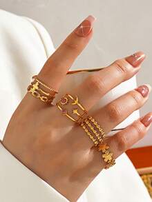 4 件套不锈钢 18K 镀金星星、向日葵花朵开口戒指，适合女性日常佩戴 - 彩色 - 查看 1