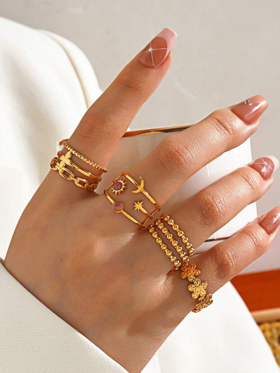 4 件套不锈钢 18K 镀金星星、向日葵花朵开口戒指，适合女性日常佩戴 - 彩色 - 查看 1