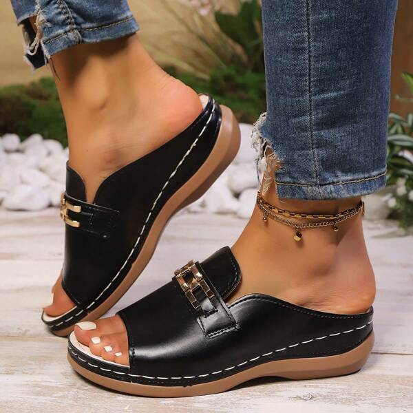 Plus Size Metal Decor Roman Style Open Toe Platform Wedge Beach Slippers, Wholesale