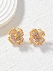 1 par de pendientes tipo botón con diseño delicado de gota de aceite rosa, flor de camelia y perla, adecuados para el uso diario de la mujer
