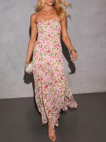 Women Y2K Floral Long Tube Dress Strapless Sheer Mesh Slit Dress Off Shoulder Ruffle Flowy Beach Dresses - 彩色 - 查看 2