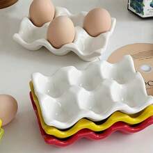 1件白色陶瓷鸡蛋架，家用陶瓷鸡蛋收纳盒，双排6格鸡蛋展示架，鸡蛋托盘，厨房冰箱保存工具，餐厅
