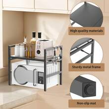 VickyHome 1-2Tier Adjustable Heavy Duty Shelving Microwave Rack Horizontal Extension Kitchen Shelf Tableware Storage Stand Organizer With 6 Hooks For Home Office Carbon Black - 60x36x36cm - View 6