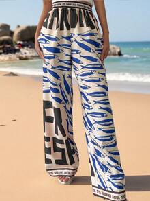 波西米亚风女式休闲时尚沙滩度假字母和海洋生物沙丁鱼印花宽松长裤，适合早午餐穿着，春夏款 - 黑色 - 查看 2