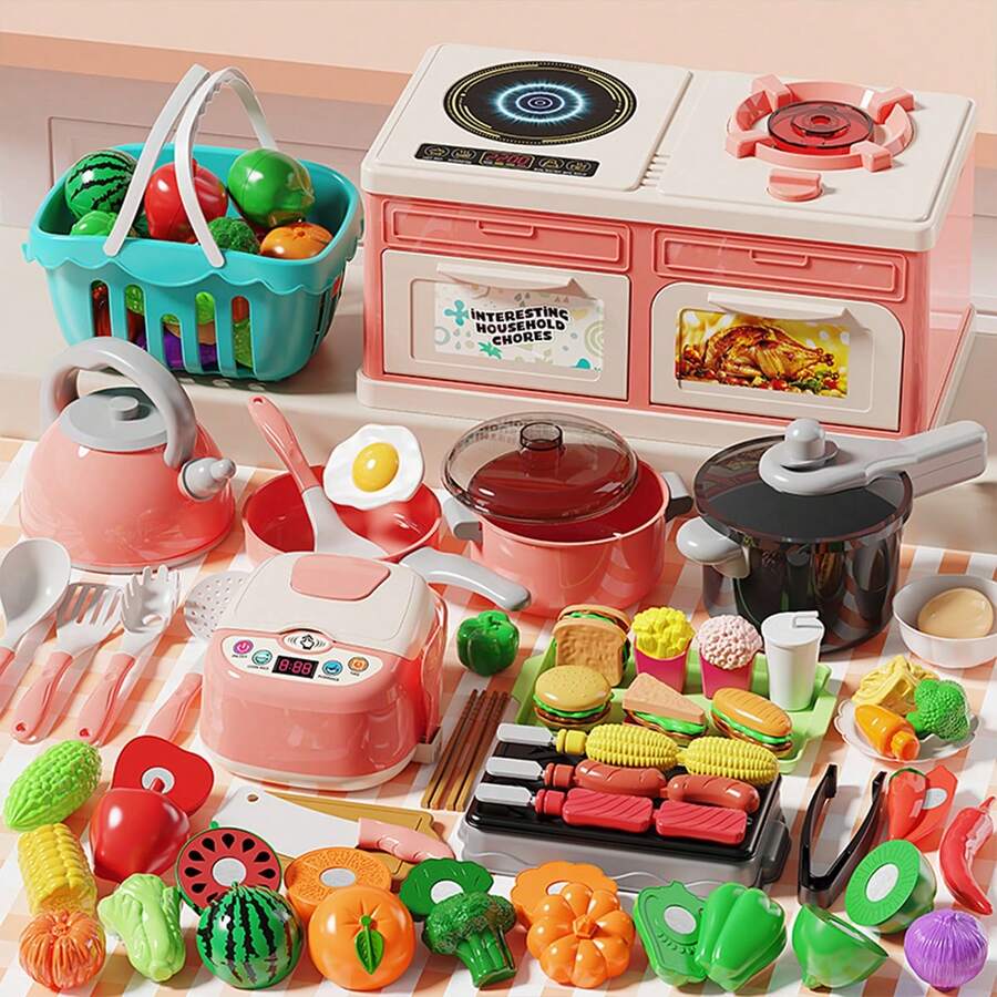 33pcs/44pcs/66pcs/76pcs Children Kitchen Playset, Suitable For Boys And Girls, Includes Cooking Utensils, Mini Stove, Rice Cooker, Fruits, Mixing, Stir-Frying, Cutting Vegetables And Musical Tableware Simulation