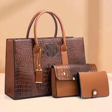 European Style Large Capacity Croco-Pattern Handbag And Crossbody Mother-Daughter 3-Piece Set: Versatile Fashion Essential For Women - Brown - View 5