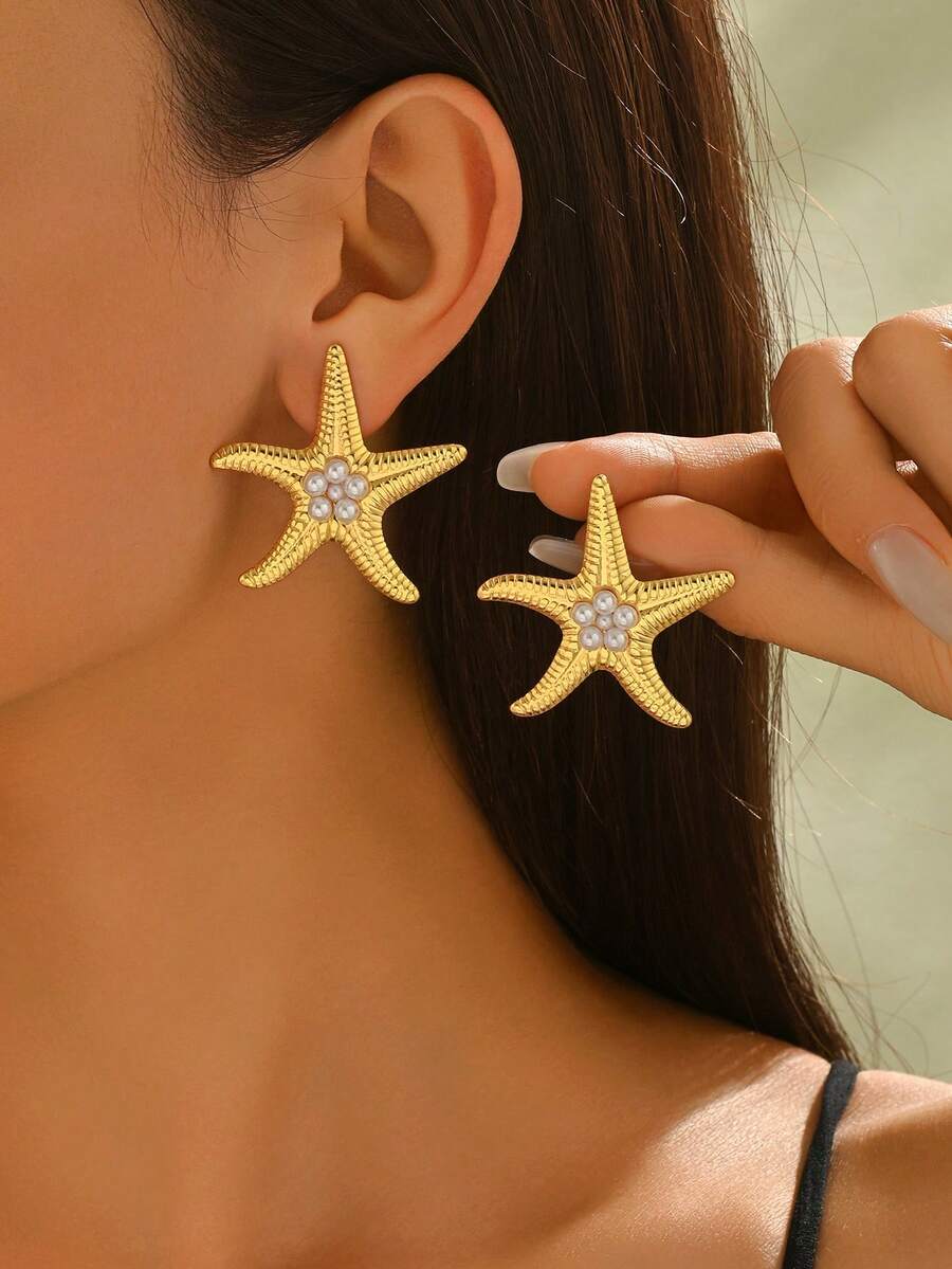 1 对简约海星设计不锈钢耳钉，适合女性日常生活、旅行、派对佩戴 - 金黃色 - 查看 1