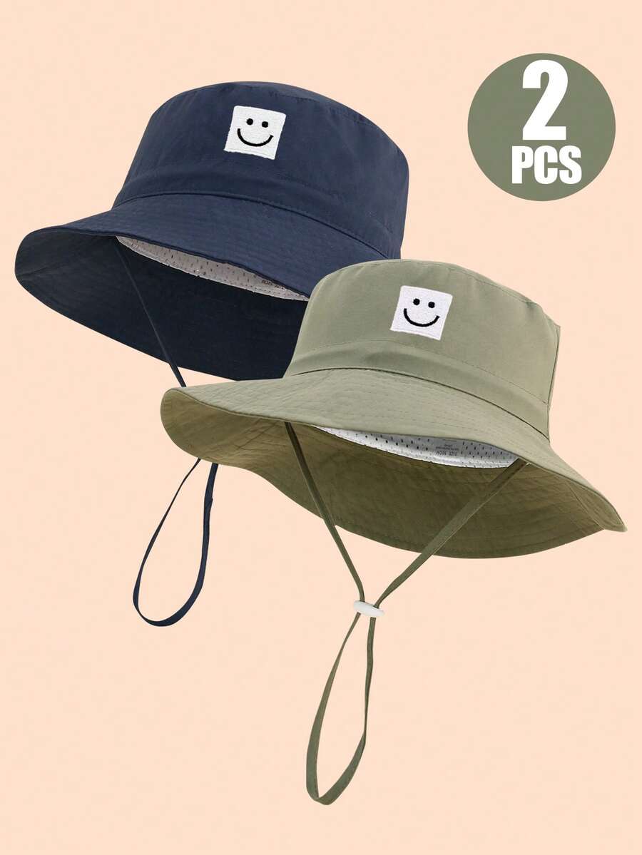 2pcs Kids Solid Color Embroidered Smiling Face Chin Strap Summer Sun Hat, Beach & Sun Ion - Army Green + Navy Blue ( Face) - View 1