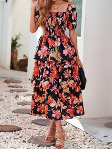 Women Summer Puff Short Sleeve Midi Dress Floral Printed Square Neck Smocked Dress Ruffle Tiered Flowy Long Dress Casual Spring Holiday Vacation Garden Boho Bohemian Wedding Guest Valentine Maxi Dress - 黑色橘色花 - 查看 3