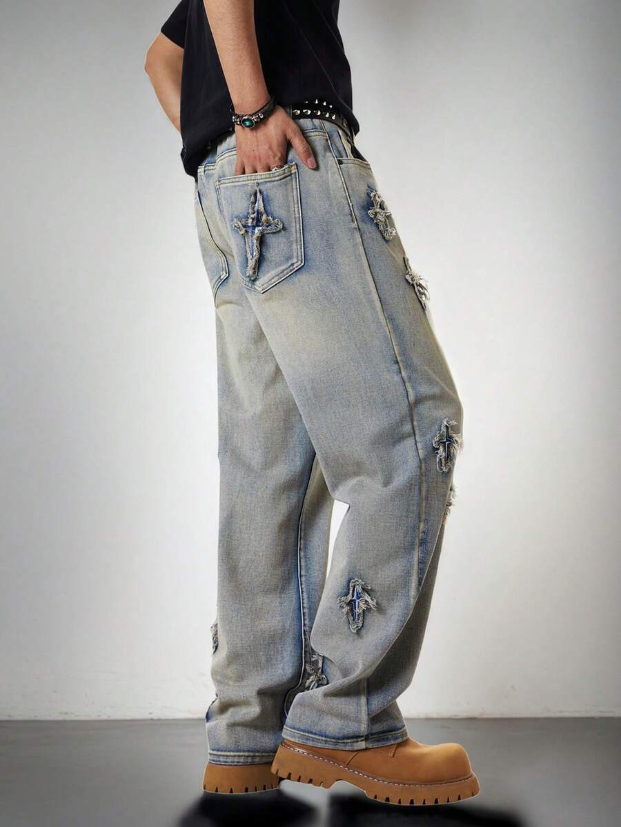 Baggy Blue Jeans, Vintage Straight Leg Hip Hop Loose Fit Casual Streetwear Skateboard Retro Distressed Denim Pants - Blue - View 1