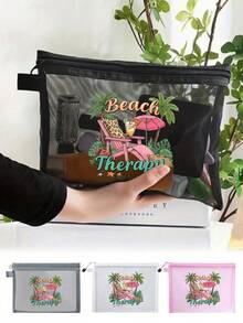 Mesh Large-Capacity Portable Cosmetic Bag With Cartoon Pattern, College Style Charger Storage Bag, Air Cushion Storage Portable Storage Bag, Cosmetic Bag, Cosmetic Storage Bag, Skin Care Product Bag, Travel Essentials, Dormitory Supplies