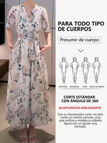 Vestidos Largos Elegantes Dama De Manga Corta de Floral De Cruzado Con Cuello En V,  Vestidos De Fiesta Largos Dama De Moda De Versátil Estampado Romántico,  Vestido Largo Dama De Gasa De Manga Corta Con Aberturas De Vacaciones De Ocio - Blanco - Ver 7