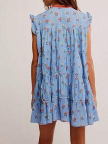 Women Y2k Boho Mini Dress Vintage Floral Tie Up Button Sleeveless Short Dress 2025 Summer Babydoll Sundress Beachwear - Màu xanh lam - Xem 2