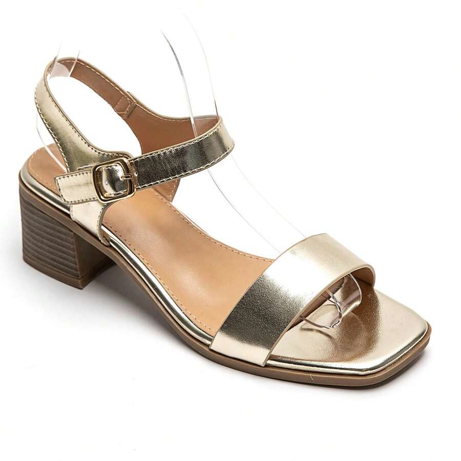 Square Heel Ankle Strap Sandals - Timeless Elegance - Gold - View 1