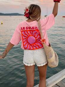 Camiseta de mujer de manga corta y cuello redondo de color liso y estilo minimalista casual, con gráfico de sol para conjuntos de playa y vacaciones de verano