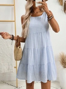 Women Regular Casual Ruffle Trim Short Dress, Summer - Baby Blue - View 1