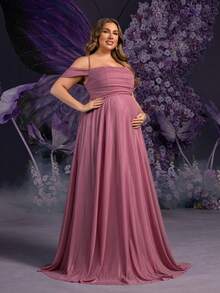 Faeriesty Vestido de maternidad de talla grande Dressalisa con tirantes ultradelgados y lazo en la espalda - Elegantes volantes en el busto y falda dramáticamente amplia para bodas de primavera/verano, fiestas formales, baby shower y eventos glamorosos (Estética floral romántica, silueta favorecedora, diseño de maternidad cómodo) - Rosa vieja - Ver 3
