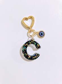 1pc Laser Black Shiny Resin A-Z Initial Keychain, With Devil Eye And Heart Keyring Bag Charm Pendant, Party Favor, Suitable For Holiday Gifts To Friends