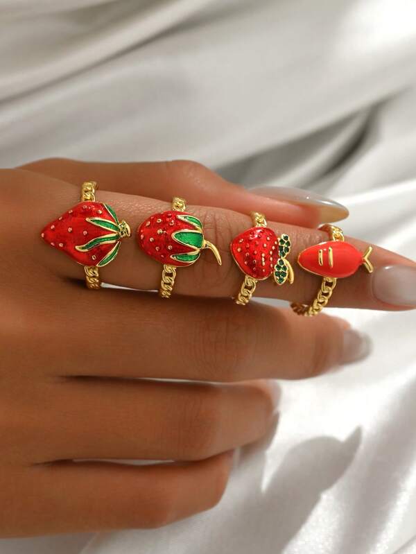 1pc Cross-Border Hot Selling Strawberry Peach Colorful Epoxy Copper Plated Gold Fruit Open Ring Finger Decoration, Holiday Gift