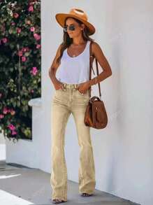 Jeans casuales y versátiles con bolsillos y piernas acampanadas para mujer