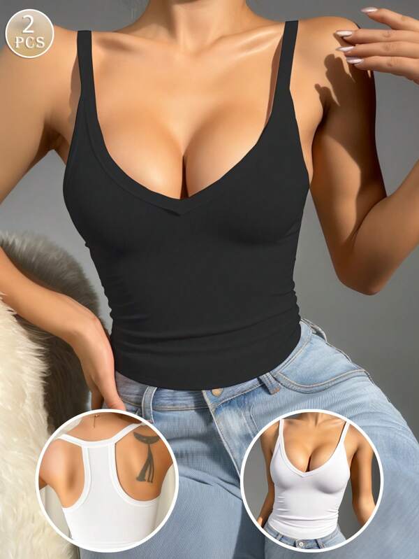 2pcs/Set Women Simple Solid Color Casual Camisole Tops, Comfortable Minimalist Tank Vest For Summer
