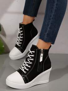 Novos Sapatos de Lona de Cano Alto Primavera Outono 2025, Sapatos Plataforma Casuais, Sapatos de Salto Interno para Mulheres Estudantes