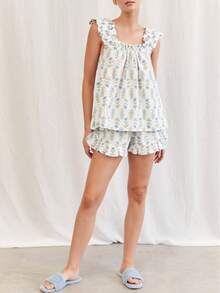 Women's Floral Pajama Set 2 Piece Loungewear Cute Ruffle Trim Cami Tank Top And Shorts Set Matching Pjs Set - 藍色 - 查看 5