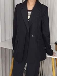 女士经典双排扣西装外套，设计师时尚缺口翻领长袖西装，适合婚礼、派对、典礼、工作活动和日常穿着 - 黑色 - 查看 3