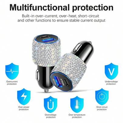 1个2口/4口/6口/8口车载充电器，钻石闪亮三合一充电线，快速充电，Type-C接口，USB接口，车载适配器，USB A转Type-C，Type-C转Type-C，兼容手机、行车记录仪、GPS等设备，男女皆宜的节日/生日礼物