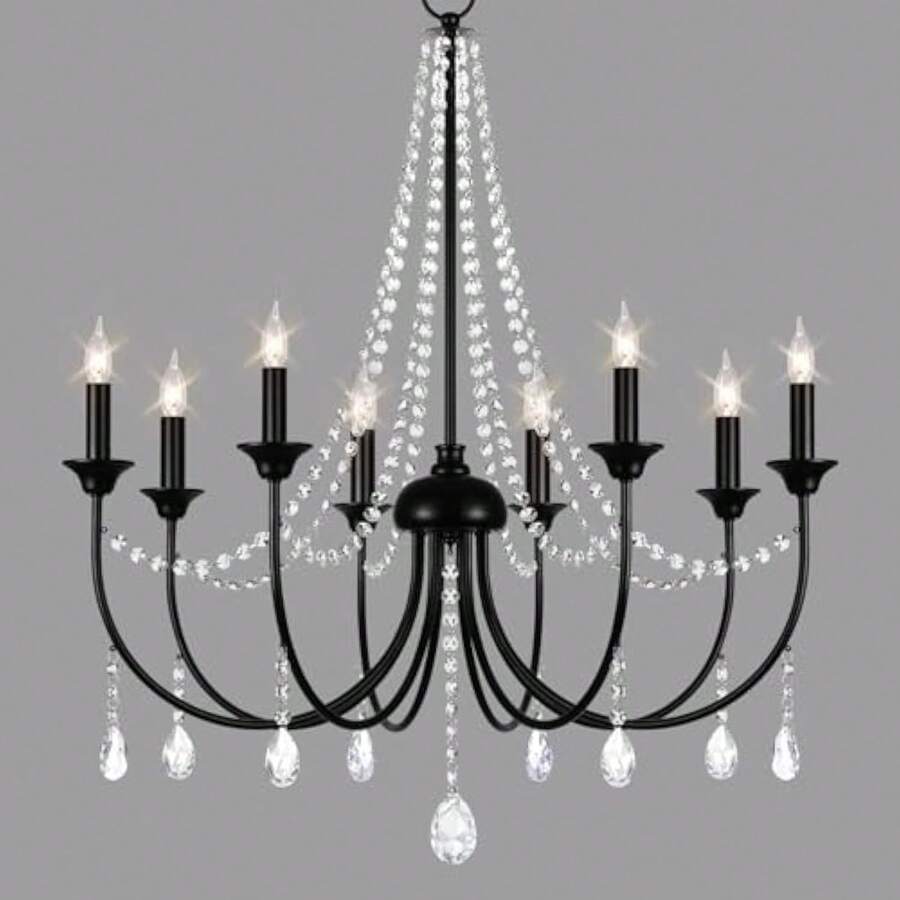 8-Light Black Crystal Chandelier, Modern Farmhouse Chandeliers For Dining Room Light Fixtures Over Table, Modern Vintage Candl - 1 - View 1