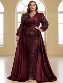 YISIKADO Plus Size Formal Gowns Elegant Luxury Sequins & Satin Patchwork V-Neck Long Sleeve Dress - Màu Đỏ Sâu - Xem 4