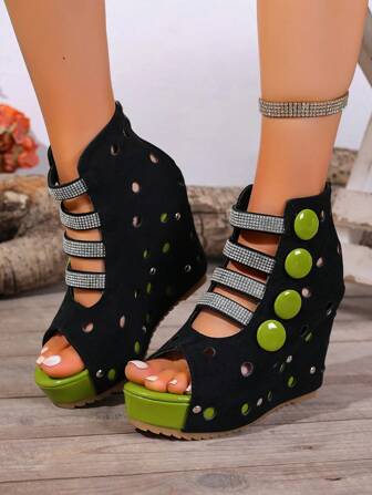 Elegant Color Block Women's Rhinestone Buckle Combination Open Toe Platform Wedge Sandals - Open Toe, Ankle Strap, High Platform Heel, Multi-Season, High Heel Colorblock Buckle Design