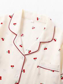 2pcs/Set Women Plus Size Lapel Collar Open Front Short Sleeve Top With Pocket Cherry Fruit & Bow Graphic Casual Comfort And Shorts Pajama Set, Loungewear
