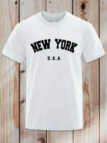 Playera Camiseta Con Estampado De Letras New York Para Hombre, Camiseta De Cuello Redondo Y Manga Corta Estampada Para Hombre, Camiseta Para Toda Ocasión, Ropa De Hombre - Blanco - Ver 2