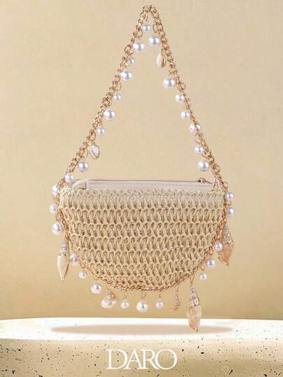 DARO-Women Pearl Straw Clutch Purse Woven Summer Beach Evening Bag Wedding Party Straw Shoulder Handbag Adorned With Conch And Pearl
