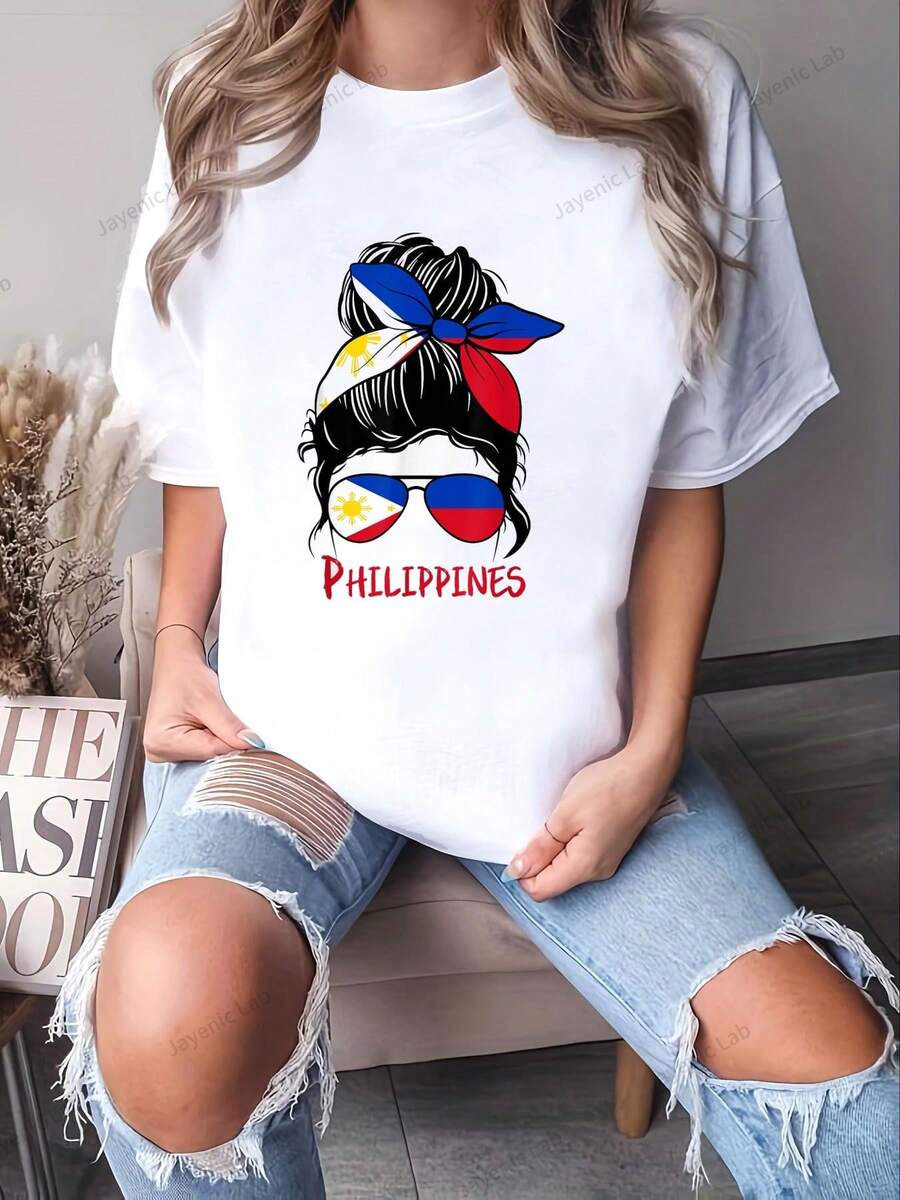 Filipino Girl Filipina Pinay Girl Philippines Woman Flag T-Shirt - 100% Cotton T Shirts For Women, Y2K Mothers Day Outfit, Summer Tops, Going Out Cute Summer Tops - White - View 1