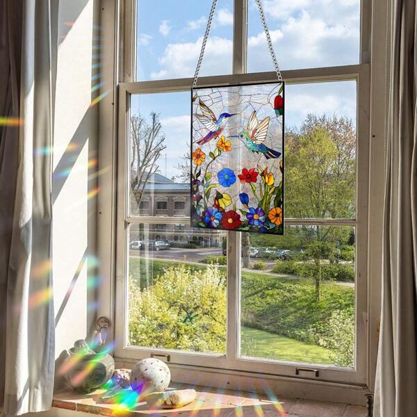 1 pieza de picaflor industrioso trabajando duro, película acrílica 2D de color plano, adecuada para jardín exterior, atrapasol, decoración colgante de ventana, iluminación refractiva, regalo perfecto para familia y amigos