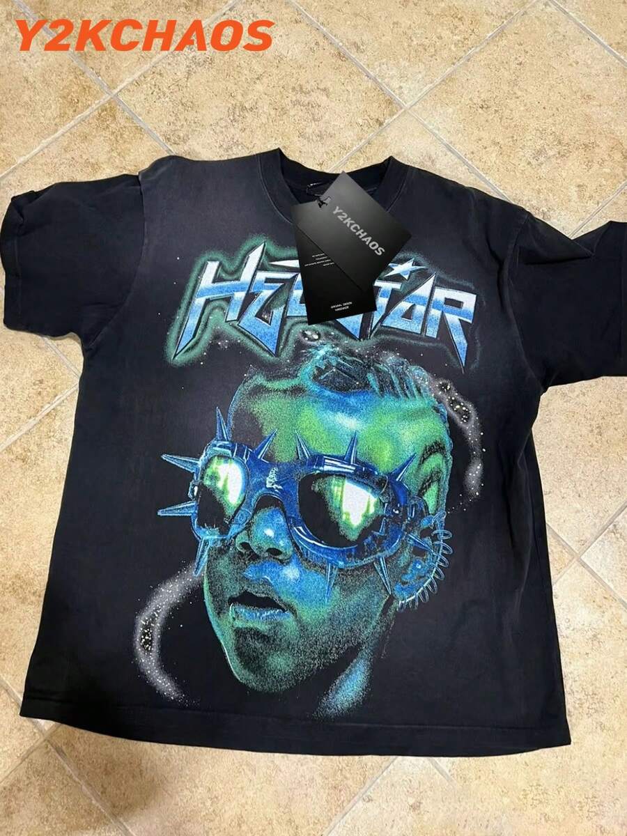 Men's T-Shirt Visual Double-Sided Printing, Y2k Men's Fashionable Printing Casual Simple Short Sleeved T-Shirt - 黑色 - 查看 1