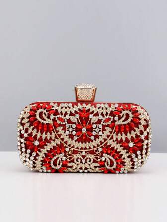 1pc Metal Handle Rhinestone Decor Evening Clutch Bag, Women's Wedding Gold Clutch Purse, Chain Shoulder Bag, Compact Valentine's Day Gift