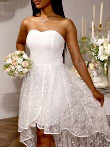 Vestido de novia de encaje blanco con escote de tubo, corte A, espalda descubierta, asimétrico, para fiesta de bodas, ducha nupcial, cita, fiesta, vestido de dama de honor, vestido de graduación, invitado de boda