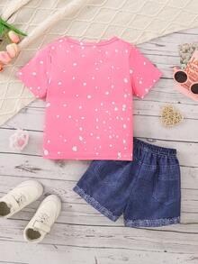 2 bucăți ținută de vară cu imprimeu leopard pentru fete - Set tricou și pantaloni scurți cu fundal și pisicuță, îmbrăcăminte casual pentru copii mici - Roz fierbinte - Vizualizare 2